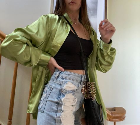 Green Silk Button Up Outfit, Lime Green Button Up Shirt Outfit, Oversize Silk Shirt Outfit, Green Satin Button Up Outfit, Light Green Button Up Outfit, Green Button Down Outfit, Green Button Up Shirt Outfit, Green Satin Shirt Outfit, Oversized Silk Shirt Outfit