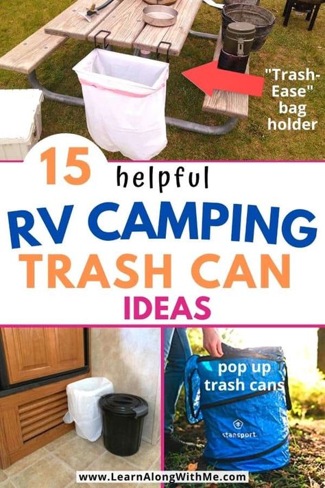 15 helpful RV Camping Trash Can Ideas - Learn Along with Me Rv Garbage Can Storage Solutions, Rv Garbage Can Ideas, Outdoor Trash Can Ideas, Camping Trash Bag Holder, Trash Can Ideas, Camping Trash Can, Rv Kitchen Organization, Rv Storage Ideas, Garbage Can Storage