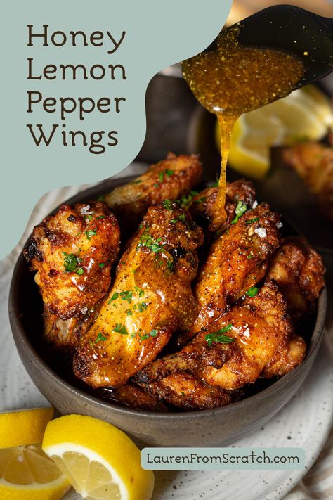 These honey lemon pepper chicken wings are super crispy with a sweet, tangy, and peppery glaze. The glaze is made from honey, lemon pepper, and black pepper with just a kick of heat. This recipe uses my secret ingredient for the crispiest baked chicken wings ever! Crispy chicken wings are a perfect appetizer or main dish, or when you want a fun snack. This lemon pepper wings recipe with its sweet sticky sauce is great for football season and game night too! Honey Lemon Pepper Chicken Wings Recipe, Honey Lemon Pepper Chicken, Lemon Pepper Wings Recipe, Honey Lemon Pepper Wings, Lemon Pepper Chicken Wings Recipe, Dry Rub Chicken Wings, Pepper Chicken Wings, Sticky Chicken Wings, Sticky Sauce