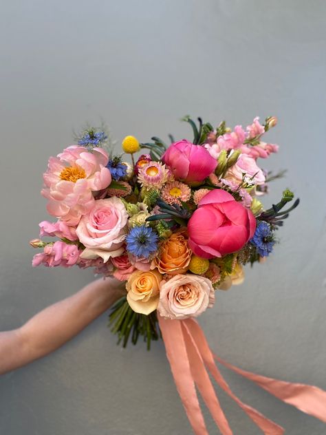 Bridal Bouquet Summer Peonies, Colorful Peony Bouquet, Colourful Wedding Bouquet, Snapdragon Wedding, Snapdragon Bouquet, Colourful Bridal Bouquet, Love In The Mist, Elopement Bouquet, Coral Peony