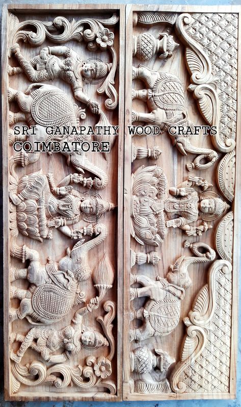 Gaja Lakshmi Wood Carving, Pooja Room Wood Carving Designs, Gajalakshmi Wood Carving, Puja Mandap, Mandir Door, Gaja Lakshmi, Main Door Design Photos, Buddha Wall Decor, Temple Wall Art