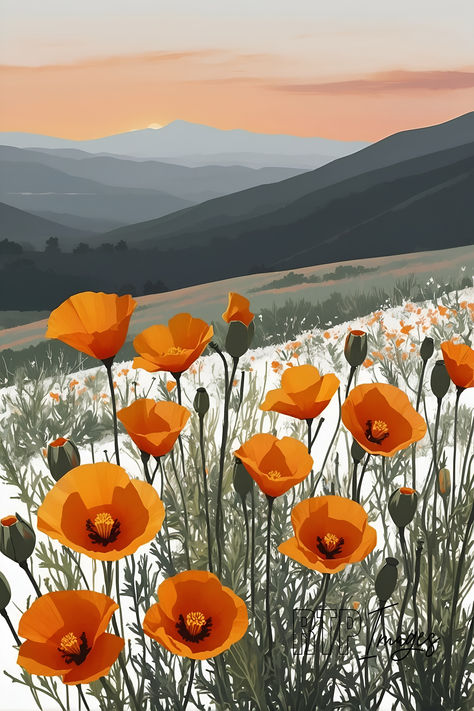 Poppy and mountains wall art vintage style California Poppy botanical art. A retro minimalist boho printable wall art for spring and summer home or office decor. This is a minimalist downloadable art print of a poppy flowers. I was inspired to create this image because I enjoy seeing the vibrant colors of poppies and other wildflowers cover the hills. This is a minimalist style downloadable image that you can print at home and use for wall art/ home decor. California Poppy Art, Lavender Wall Art, Poppy Botanical, Cottagecore Wall Art, Drawings Inspo, Poppy Wall Art, Spring Wall Art, Cat Jokes, Retro Minimalist