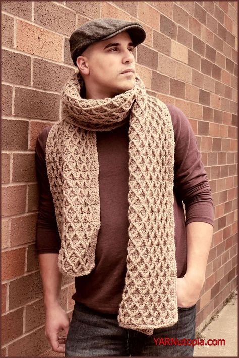 FREE Crochet Video Tutorial: The Uptown Blanket Scarf - YARNutopia by Nadia Fuad YARNutopia by Nadia Fuad Men Scarf Pattern, Wearable Crochet, Crochet Mens Scarf, Reverse Single Crochet, Yarn Creations, Scarf Ideas, Men's Scarves, Crochet Men, Crochet Scarfs