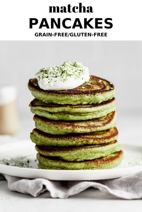 These Matcha Pancakes are completely grain-free, gluten-free and come together in just 15 minutes! They are light and fluffy, and have 10 sneaky grams of protein per serving. #grainfree #glutenfree #matcharecipe #pancakes Matcha Pancakes Recipe, Green Tea Pancakes, Baking Alternatives, Matcha Pancakes, Green Pancakes, Light And Fluffy Pancakes, Pancake Toppings, Green Tea Recipes, Matcha Recipe