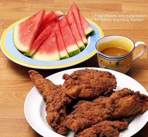 Fried chicken and watermelon. Old picture I made for a facebook group.     FOLLOW ME for more original self created food pictures. Fried Chicken And Watermelon, Fried Chicken Pictures, Chicken And Watermelon, Simple Sides, Watermelon Wallpaper, Chicken Pictures, Body Image Art, Forbidden Fruit, Kool Aid