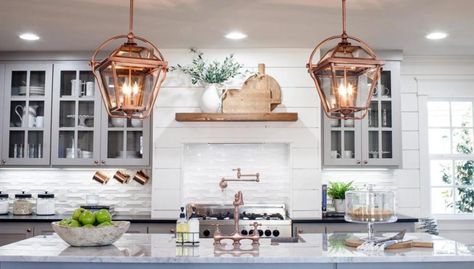 Exposed Fireplace, Fixer Upper Designs, Joanna Gaines Kitchen, Joanna Gaines Design, Upper House, Kitchen Shelving, Farmhouse Designs, Shotgun House, Warm Kitchen