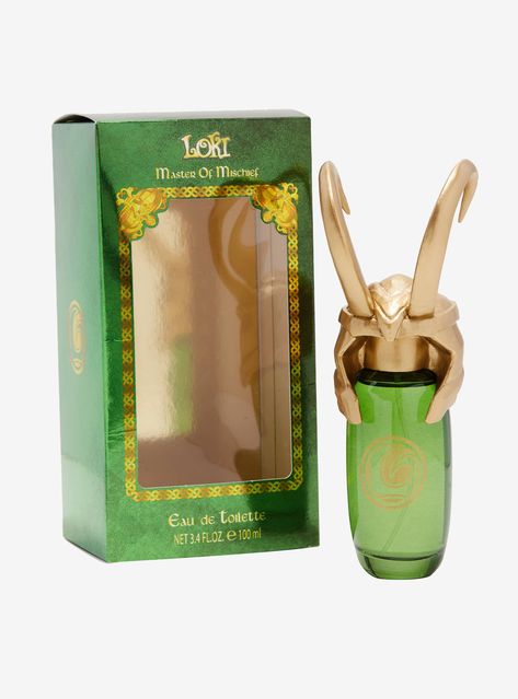 Mischief never smelled so good. This fragrance from Marvel comes in a green bottle with a Loki helmet shaped cap.   Fragrance notes: apple, orange, Bergamot, geranium, rosemary, lavender, cedar and amber.   100mL   Imported Loki Phone Case, Loki Merchandise, Loki Merch, Marvel Merch, Loki Helmet, Rosemary Lavender, Marvel Loki, Marvel Merchandise, Marvel Thor