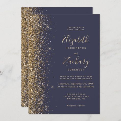 Dark Purple Wedding, Dark Blue Wedding, Gold Glitter Wedding, Script Wedding Invitations, Elegant Modern Wedding, Wedding Invitation Size, Budget Wedding Invitations, Glitter Wedding Invitations, Modern Wedding Invitation