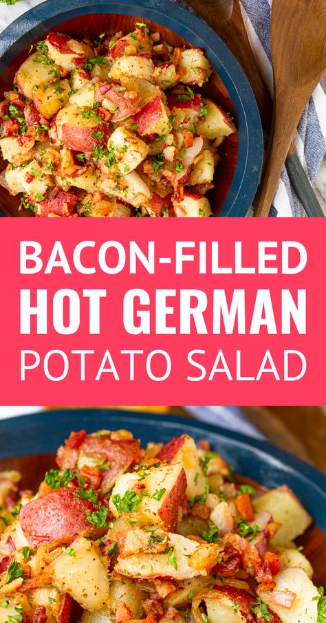 Old-Fashioned Hot German Potato Salad -- this German potato salad recipe makes an ideal summer side dish. Guests will flip for the tangy coarse Dijon apple cider vinegar dressing, along with the crispy fried bacon bits. Serve it hot, warm, or cold at your next cookout! | authentic german potato salad | easy german potato salad | traditional german potato salad #germanpotatosalad #potatosalad #potatorecipes #germanfood #baconrecipes #sidedish #sidedishrecipes #cookoutfood #potatosaladrecipe Easy German Potato Salad, Bavarian Potato Salad, Hot German Potato Salad, Potato Salad Easy, Authentic German Potato Salad, Apple Cider Vinegar Dressing, Cider Vinegar Dressing, German Potato Salad Recipe, Fried Bacon