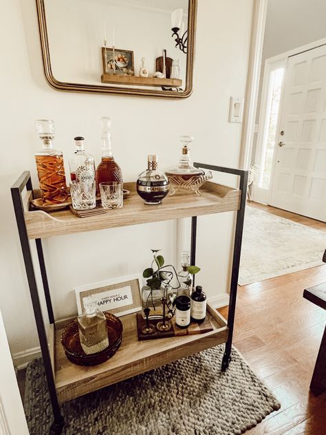 Bar Cart In Family Room, Trolley Bar Decor, Bar Cart Area Ideas, Bar Cart Whiskey, Manly Bar Cart Styling, Long Bar Cart, Bar Cart Man Cave, Bar Cart In Kitchen Ideas, Bar Cart Rustic