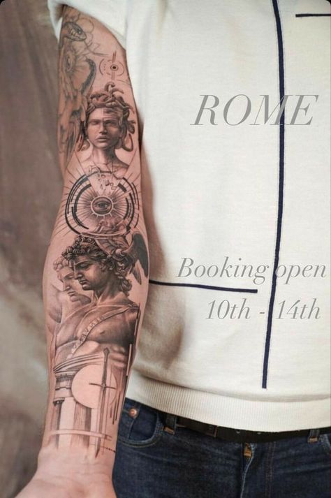 Historical Tattoos Ideas, Greek Tattoo Designs Mythology, Greek Tattoo Sleeve, Perseus Tattoo Design, Greek Style Tattoos, Stoicism Tattoo, Perseus Tattoo, Roman Tattoo, Realistic Tattoo Sleeve