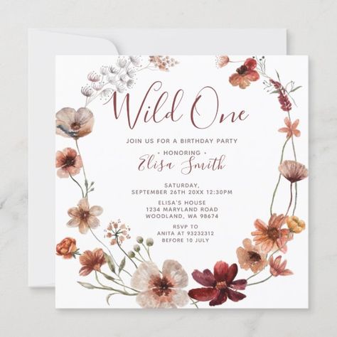 Wild One Autumn Boho Wildflowers Birthday Party Invitation Autumn Wildflowers, Wildflower Birthday Party, Fall 1st Birthdays, Birthday Elegant, Wildflower Watercolor, Boho Birthday Party, Fall Birthday Parties, One Year Birthday, Wild One Birthday