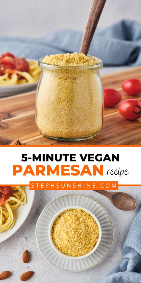 Vegan Parmesan in a glass jar with a spoon and in a bowl next to a plate of spaghetti and tomato sauce; text says, "5-minute vegan Parmesan recipe." Cranberry Sauce Salad, Recipes For Pumpkin, Pastina Recipes, Pumpkin Spread, Recipes With Parmesan Cheese, Cream Sauce Pasta, Easy Cheese Recipes, Cheese Vegan, Vegan Cheese Recipes