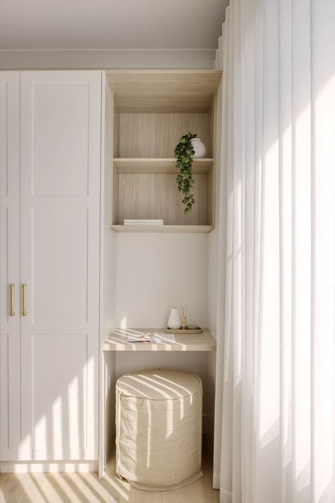 Coastal Wardrobe Design, Beach House Wardrobe, Hampton Wardrobe, Beachy Kids Room, Queenslander Built In Wardrobe, White Rattan Wardrobe Doors, White Rattan Wardrobe, Bedroom Niche, Villa Style Home