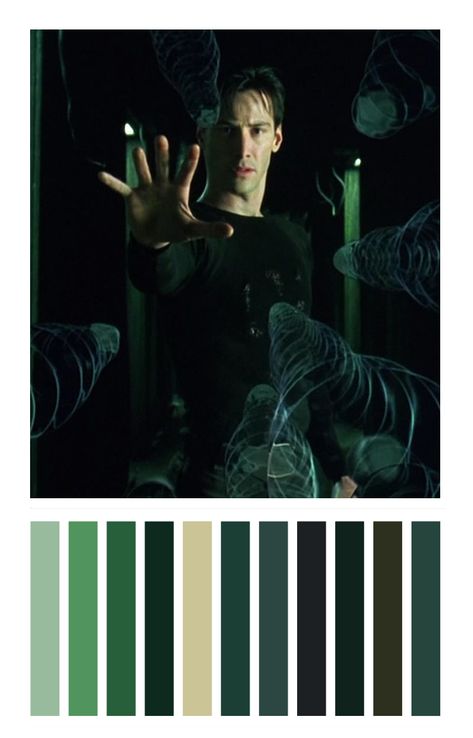 The Matrix: color palette #movies #coloepalette #moviescene #cult #filme  #paletadecores #matrix #thematrix #keanureeves #future #scifi #ficçãocientifica Matrix Color Palette, The Matrix Wallpaper, Film Color Palette, Matrix Party, The Matrix Aesthetic, Matrix Makeup, Matrix Wallpaper, Matrix Aesthetic, Matrix Fashion