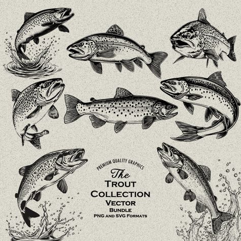 Black And White Trout Tattoo, Trout Drawing Simple, Scrimshaw Patterns, Trout Drawing, Trout Illustration, Trout Tattoo, Speckled Trout, Trout Art, Svg Rainbow