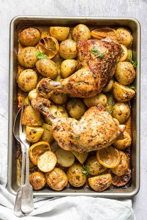 Baked Chicken Leg Quarters are simple yet impressive enough for date night. Chicken leg quarters and potatoes is an easy all-in-one meal. Lemon Chicken Leg Recipes, Oven Roasted Chicken Quarters Recipes, Oven Roasted Chicken Leg Quarters, Baked Chicken Quarters, Baked Chicken Leg Quarters, Roasted Chicken Leg Quarters, Chicken Quarter Recipes, Chicken Leg Quarter Recipes, Roasted Chicken Legs