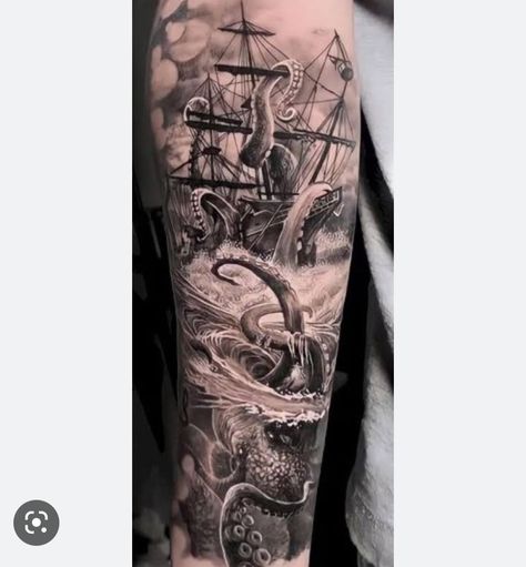 Octopus Taking Down Ship Tattoo, Pirate Themed Sleeve Tattoo, Kraken Sinking Ship Tattoo, Kraken Sleeve Tattoo, Shipwreck Tattoo Sleeve, Kraken Attacking Ship Tattoo, Ocean Themed Tattoos Men, Octopus Ship Tattoo, Kraken Ship Tattoo