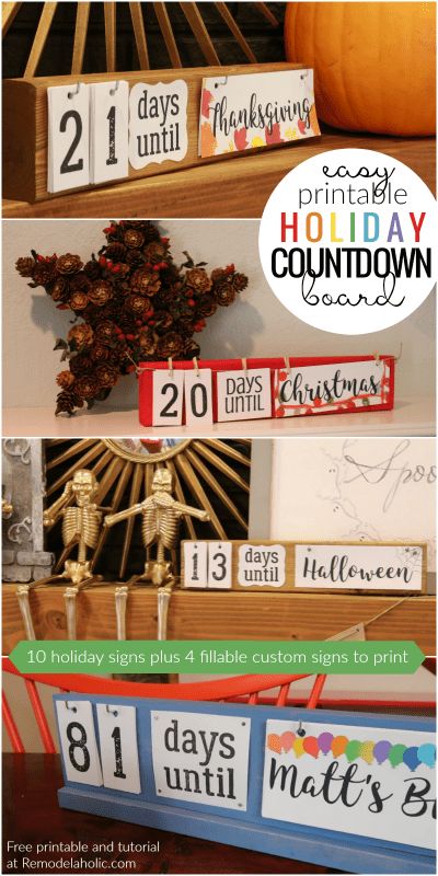 Easy DIY Holiday Countdown Board + Printables #freeprintable #printable #christmascrafts #crafting #remodelaholic Gift For Friend Girl, Diy Desk Calendar, Christmas Countdown Diy, Days Until Halloween, Diy Desk Decor, Holiday Countdown, Wood Christmas Tree, Countdown Calendar, Holiday Signs