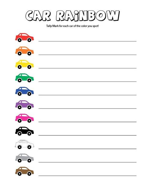 Road Trip Games! Car Rainbow is a printable game for car rides! Just tally/mark as you see each color of car. Scavenger hunt! Road Trip Set Up In Car, Car Ride Scavenger Hunt, Car Scavenger Hunt, Idaho Roadtrip, Road Trip Crafts, Roadtrip Games, Car Ride Games, Road Trip Activities For Kids, Car Games To Play