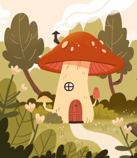 Mushroom Scene Drawing, Mushroom House Illustration, Xbox Background, October Doodles, Cozy Illustration, Mushroom Tree, Forest Drawing, Scene Drawing, Autumn Illustration