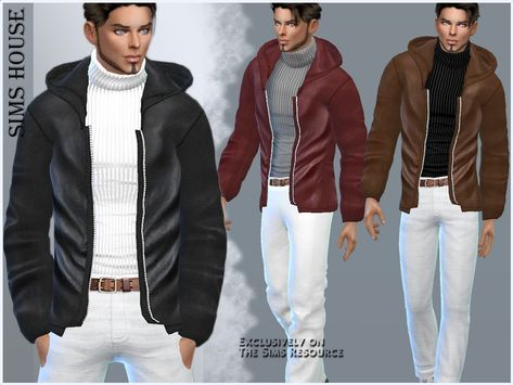 Sims Resource Male, Christmas Pajama Bottoms, Sims 4 Wedding Dress, Boys Leather Jacket, Sims Characters, Men Winter Jacket, Male Clothes, Leather Jacket With Hood, Sims 4 Collections