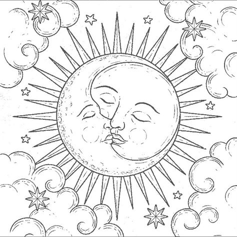 Sun And Moon Kissing Drawing, Moon And Sun Kissing, Sun Moon Stars Clouds Tattoo, Moon Kissing Sun, Sun Moon Sketch, Sun And Moon Kissing Tattoo, Moon Coloring Pages Free Printable, Sun And Moon Coloring Pages, Sun And Moon Kissing