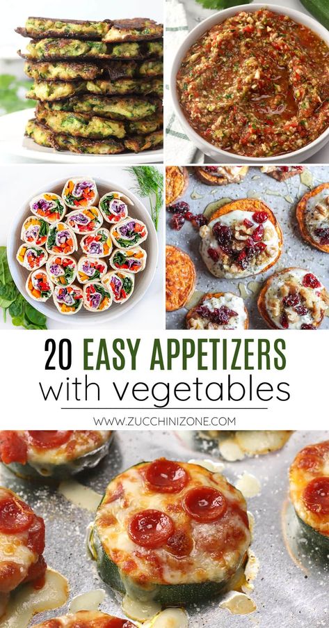 20 easy appetizers with vegetables, a recipe roundup by Zucchini Zone. Today I'm sharing 20 easy appetizers with vegetables. Use seasonal produce and add a pop of color to your appetizer table with one of these easy recipes! #appetizers #vegetables #easyappetizers #partyfood Finger Food Veggie Appetizers, Veggie Finger Foods Parties, Veggie Apps Appetizers, Veggie Party Ideas, Veggie Appetizers Party, Veggie Bites Appetizers, Vegetable Appetizers Easy, Veggies For Party Appetizers, Super Bowl Veggie Appetizers