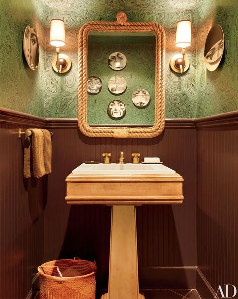 Emerald Green Rooms, Fornasetti Wallpaper, Malachite Wallpaper, Wallpaper Bathroom, Manhattan Apartment, Nautical Bathrooms, Nate Berkus, Greenwich Village, Green Rooms