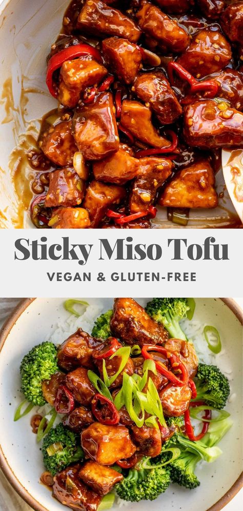 Sweet, savory sticky miso tofu. A budget-friendly, high-protein, umami-rich dish that is easy to put together for a weeknight meal. Tofu Meal Prep Ideas, Tofu Quinoa Bowl, Tofu Quinoa, Miso Tofu, Tofu Pasta, Miso Recipe, Miso Glaze, Quinoa Bowl, Vegetarian Pasta