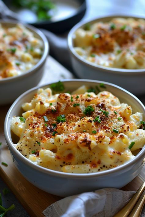 Baked macaroni and cheese topped with breadcrumbs and fresh parsley in bowls. Cauliflower Mac Cheese, Cauliflower Mac & Cheese, Mac And Cheese Cauliflower, Mac And Cheese With Cauliflower, Keto Cauliflower Mac And Cheese, Cauliflower Mac And Cheese Recipe, Tasty Cauliflower, Lime Shrimp Recipes, Cheese Game