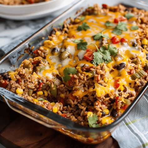 Delicious and easy taco casserole with ground beef, spinach, corn, rice, and cheese. Perfect for a family dinner. Ready in 1 hour. Taco Rice Casserole, Ground Beef Spinach, Beef And Rice Casserole, Casserole With Ground Beef, Easy Taco Casserole, Corn Rice, Taco Rice, Mexican Beef, Rice Casserole Recipes