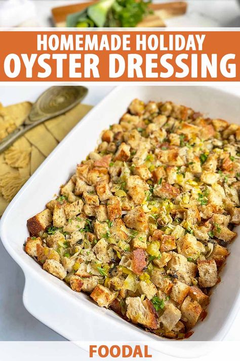 Shake up your Thanksgiving with this Southern-style dressing. Oysters are a beautifully briny addition to the bread-based casserole while crisp, dry sherry and leeks add a rich, savory bite. Visit Foodal now to add this recipe to your collection of coastal favorites. #oysters #thanksgivingrecipe #foodal Oyster Dressing Recipes, Oyster Stuffing, Dressing Recipes Thanksgiving, Cooked Oysters, Bread Dressing, Stuffing Recipes For Thanksgiving, Holiday Meals, Stuffing Recipes, Crusty Bread