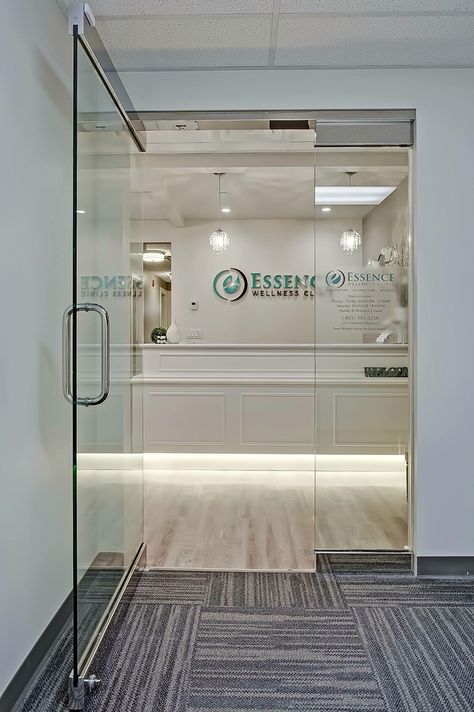 #newclinic #design #receptiondesk #frontdesk #naturopath #acupuncture #massage #yyc #clinic #directbilling #onlinebooking. Naturopath Clinic, Hospital Design Architecture, Glass Entrance Doors, Laboratory Design, Dental Office Decor, Office Design Inspiration, Wellness Centre, Willow Park, Wellness Clinic