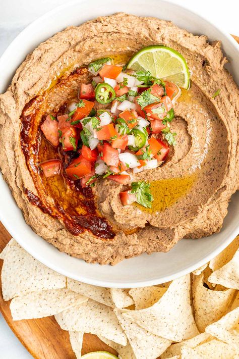 Chipotle Black Bean Hummus - Girl Gone Gourmet Black Bean Hummus Recipe, Traditional Hummus Recipe, Black Bean Hummus, Chipotle Black Beans, Hummus Ingredients, Bean Hummus, Homemade Tahini, Tahini Recipe, Vegetable Sticks