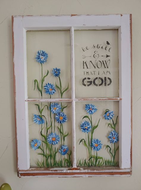 4 Pane Window, Painted Window Panes, Old Windows Painted, Old Window Art, Old Window Crafts, Window Frame Art, Window Pane Art, Pretty Blue Flowers, Painted Window Art