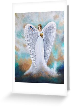 4" x 6" cards for every occasion. Digitally printed on heavyweight stock. Uncoated blank interior provides a superior writing surface. Comes with a kraft envelope. Additional sizes are available. Angel art from tiffanyart original painting.“Every night and every morning thank your own guardian angel for peace and for the regeneration of all the cells in your body, and for joy.” ~ Dorie D’Angelo Angel Paintings, Watercolor Angel, Angel Artwork, Angel Painting, Watercolor Heart, Beautiful Wallpapers Backgrounds, Elegant Tattoos, Angel Art, Wallpapers Backgrounds