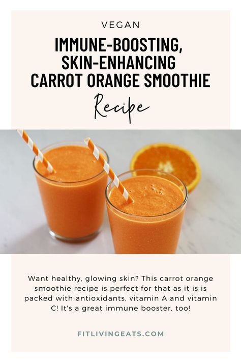 Want healthy, glowing skin? Get the recipe for this carrot orange smoothie that is packed with antioxidants, vitamin A and vitamin C! It's a great immune booster, too! This healthy smoothie stars carrots, oranges and pineapple. Get the recipe and the nutritious benefits here >> https://www.fitlivingeats.com/glow-baby-glow-carrot-orange-smoothie/ #smoothierecipe #smoothie #recipe #orangesmoothie #carrotsmoothie #healthyskin #immuneboostsmoothie #immuneboost #immunesupport Orange Smoothie Recipes, Breakfast Recipes Easy Quick, Carrot Smoothie, Healthy Granola Bars, Immune Booster, Orange Smoothie, Granola Healthy, Sweet Citrus, Daily Vitamins