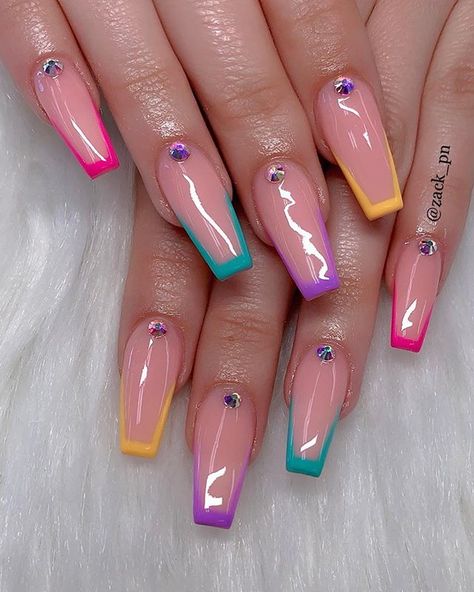 Look cute with summer color 😉🤗#nailpro #nailpolish #naildesigns #nails #coffinnails #swarovski #nailsofinstagram #nailart #nailtech… Multi Color Nail Ideas, Blinged Nails, Rainbow Nail Ideas, California Nails, Little Cat, Summer Acrylic Nails, Rainbow Nails, Short Nail Designs, Rainbow Glitter