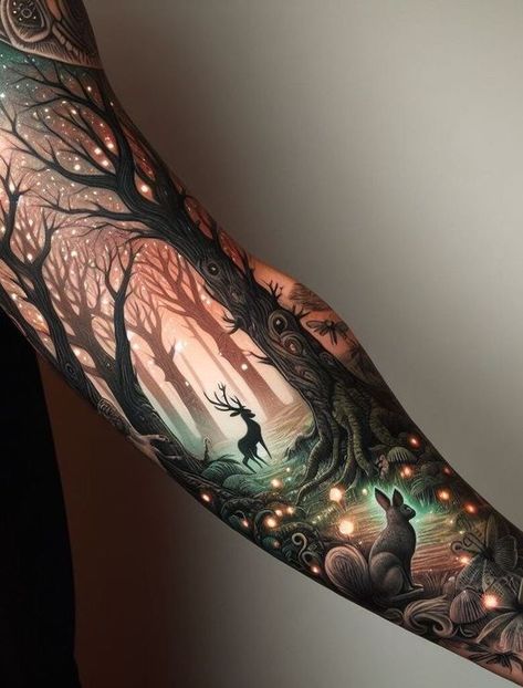 Enchanting Tattoo Designs, Whimsical Forrest Tattoo, Witch Mushroom Tattoo, Ethereal Nature Tattoos, Witchy Fairy Tattoo, Night Scene Tattoo, Fantasy Forest Tattoo, Forrest Tattoo Designs Women, Fairy Forest Tattoo