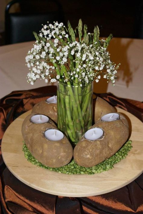 Potato, asparagus, peas centerpiece Potato Party, Potato Asparagus, Asparagus And Peas, Potatoes Asparagus, Pig Roast, Rehearsal Dinners, Table Centerpieces, Asparagus, Peas