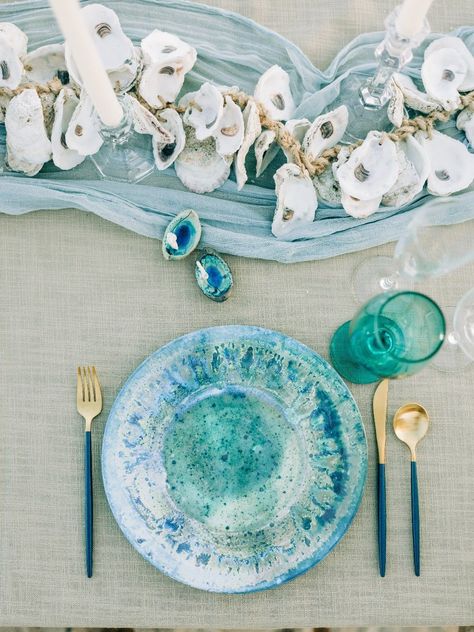 Ocean Tablescape, Coastal Tablescapes, Coastal Birthday, Ocean Wedding Theme, Sea Glass Wedding, Beach Wedding Tables, Seashell Wedding, Florida Keys Wedding, Table Arrangements Wedding