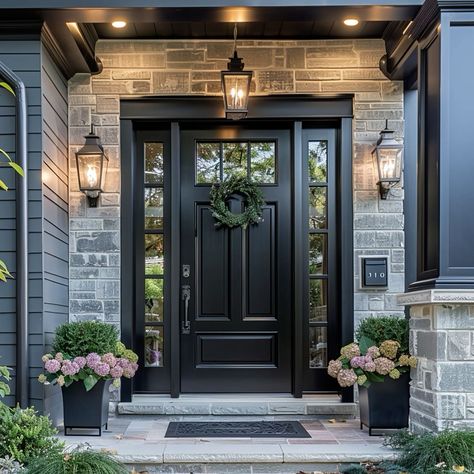 Modern Front Door On Traditional House, Oversize Front Door, Italian Front Door, Front Door With Side Windows Entrance, Modern Country Front Door, Black Windows Brick House, Black Front Door White Trim, House With Black Front Door, Black Front Door Decor