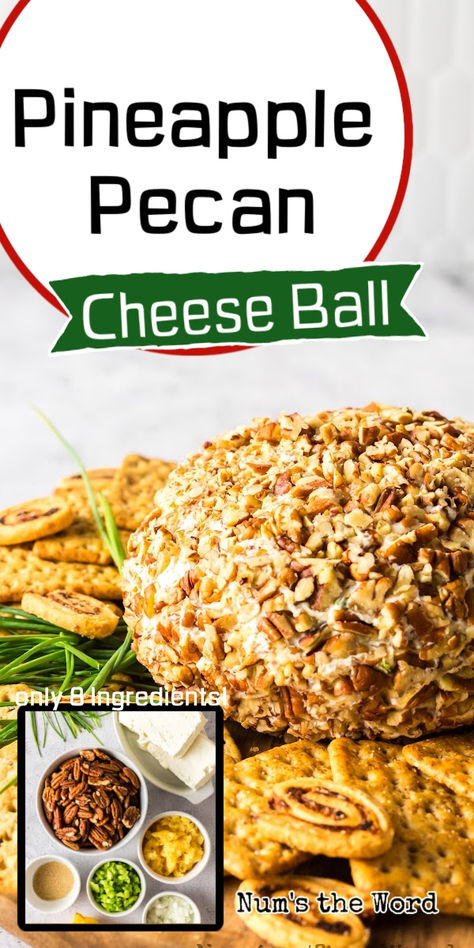 This Pineapple Pecan Cheese Ball is going to be your new favorite appetizer! It’s so easy to make, tastes amazing, and is fun too! #numstheword #pineapplepecancheeseball #pineappleandpecancheeseball #pineapplepecancheeseballrecipe #creamcheesepineapplepecancheeseball #pecanpineapplecheeseball #recipeforpineapplepecancheeseball #creamcheesepineapplepecanball Cheese Ball Recipes With Pineapple, Pineapple Pecan Cheeseball, Pineapple Cream Cheese Ball, Pineapple Cheese Ball, Pecan Delight, Pecan Cheese Ball, Apple And Berry Crumble, Berry Crumble, Party Dip