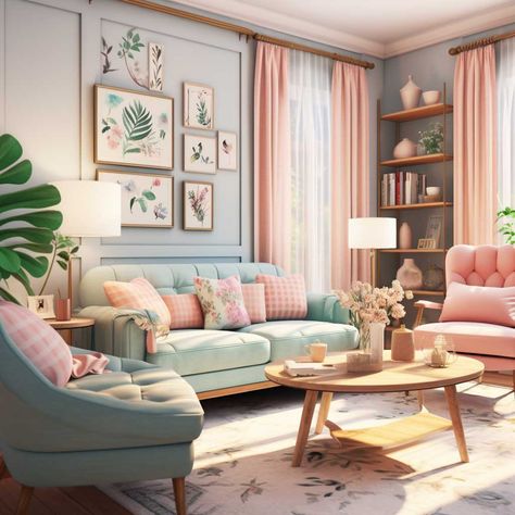 20+ Cute and Comfortable Living Room Decorating Ideas • 333+ Images • [ArtFacade] Living Room Peach Walls, Cute Cozy Home, Pink And Mint Living Room, Aqua And Pink Living Room, Whimsical Living Room Ideas, Pastel Home Interior, Floral Living Room, Living Room Designs Pink, Green Pink Living Room