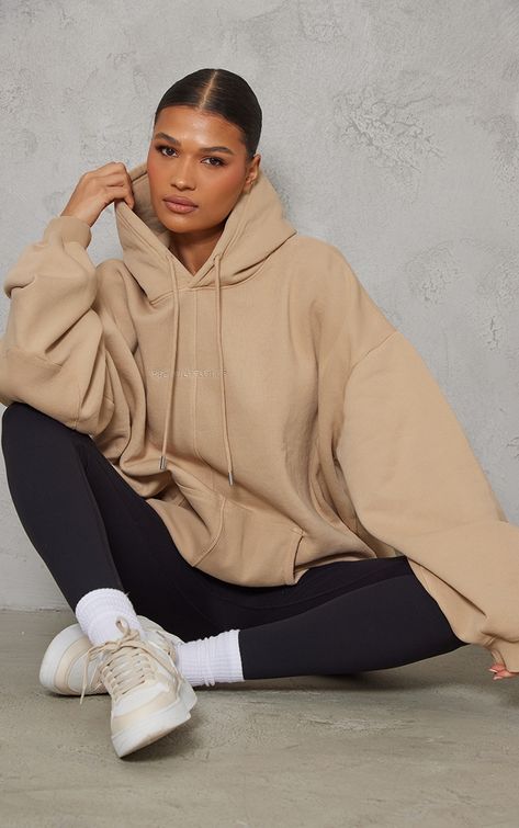 Hoodie Photoshoot, Nude Shirt, Big Hoodies, Nude Tops, Photoshoot Inspo, Beige Top, Pocket Hoodie, Ribbed Leggings, Fresh Kicks