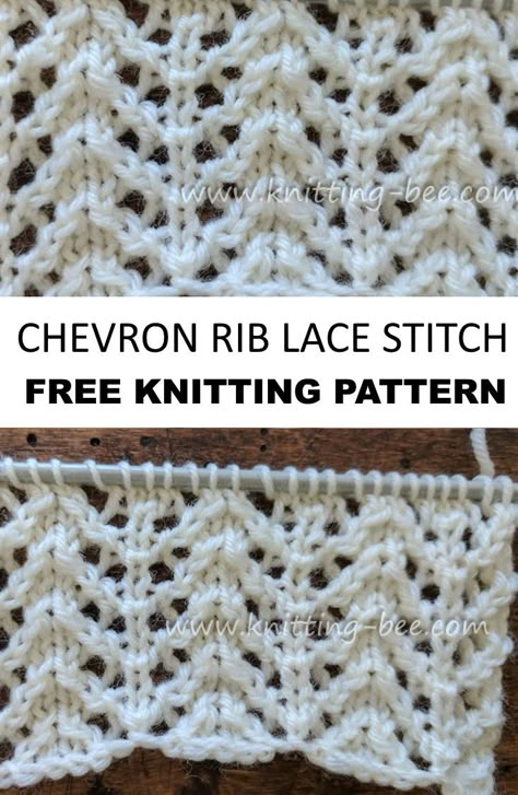 Free knitting pattern for a chevron rib lace stitch Free Aran Knitting Patterns, Lace Knitting Stitches, Knitting Stitch Patterns, Aran Knitting Patterns, Knitting Patterns Free Beginner, Knitting Lace, Blanket Knitting Pattern, Baby Blanket Knitting, Lace Knitting Patterns