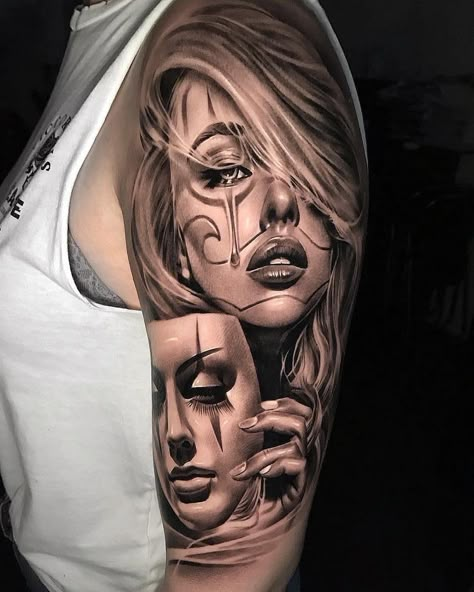 Payasa Tattoo, Chicano Tattoos Sleeve, Catrina Tattoo, Skull Girl Tattoo, Rock Tattoo, Girl Face Tattoo, Gangsta Tattoos, Girl Arm Tattoos, Girls With Sleeve Tattoos