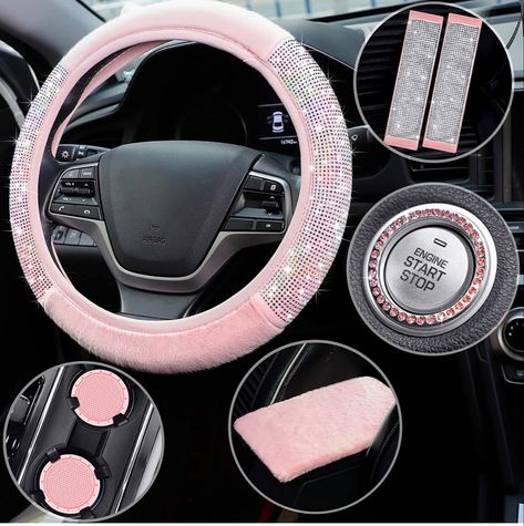 Steering wheel cover set fluffy car accessories Pink Steering Wheel, Fuzzy Steering Wheel Cover, Pink Steering Wheel Cover, Gear Shift Cover, Pink Car Accessories, Bling Car, Bling Car Accessories, Seat Belt Covers, Girly Car Accessories