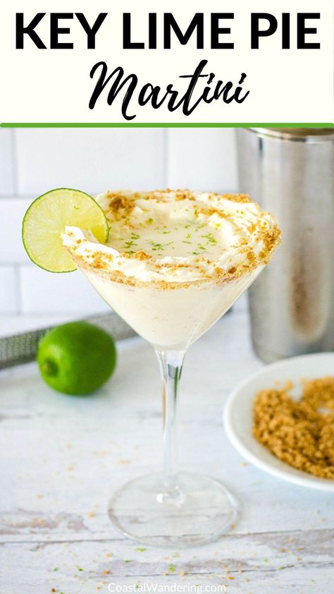 This key lime pie martini recipe has all the flavors of the famous Florida pie. It's a sweet tart creamy key lime drink that even has a graham cracker crust. If key lime pie is one of your favorite desserts, you will love this easy key lime martini! Key Lime Pie Drink Recipe, Key Lime Pie Cocktail, Key Lime Drink, Key Lime Martini Recipe, Lime Martini, Key Lime Pie Martini, Summertime Cocktails, Key Lime Martini, Dessert Cocktails